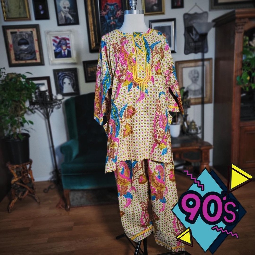 Batik Kurta-Style Loungewear Vintage 90s 2 Piece Set Top Pants Patterned Outfit
